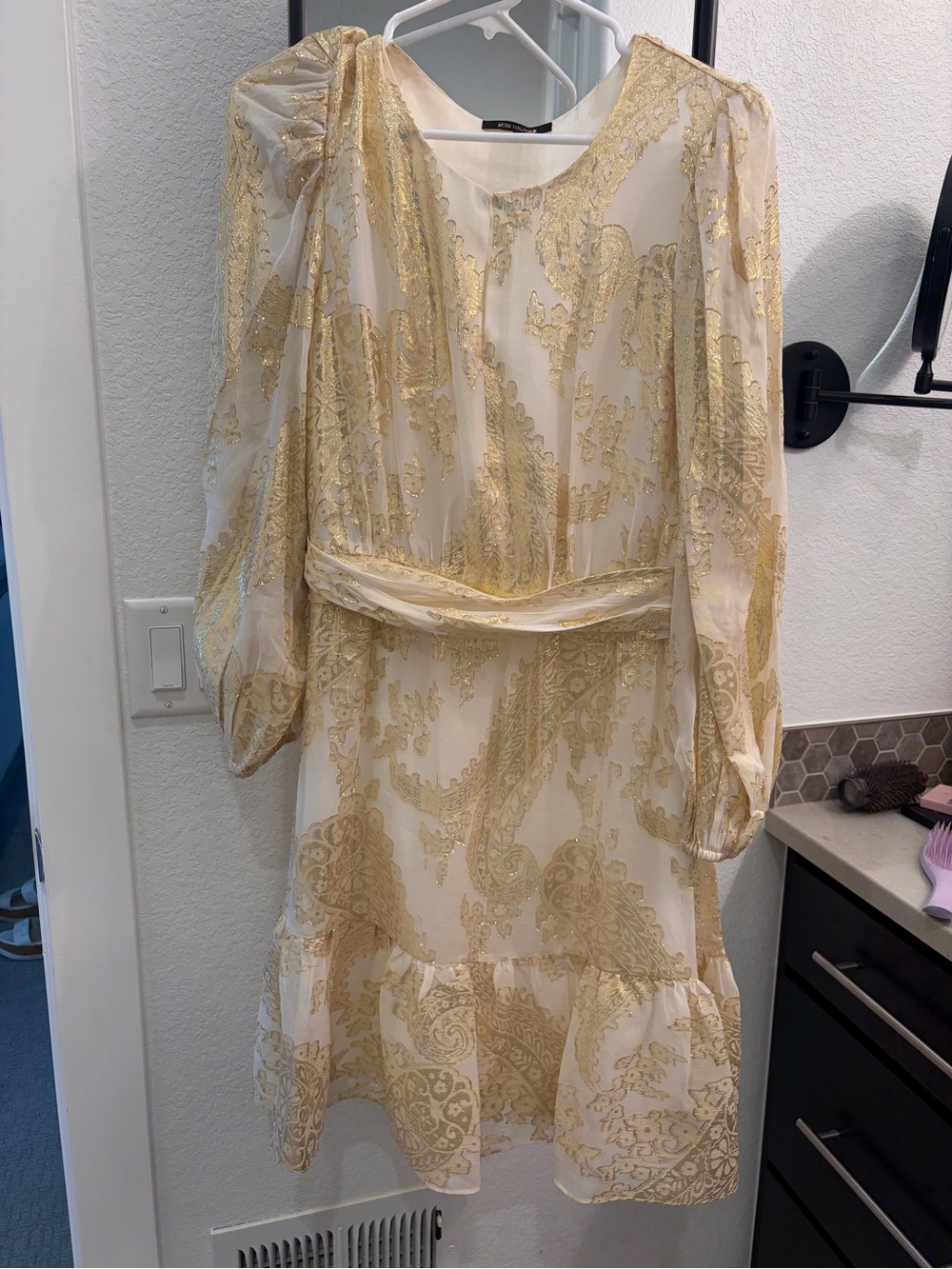 Kobi Halperin Cream Dress with Gold Lace Overlay